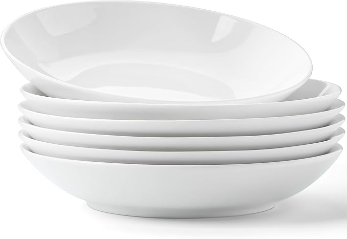 Bone China Pasta Bowls Set of 6, 23.5oz Soup Bowls White Salad Bowl, 8 inch Pasta Bowls Lightweight Wide Shallow Kitchen Plates for Serving Dinner - Microwave Dishwasher Safe, Kitchen Gifts