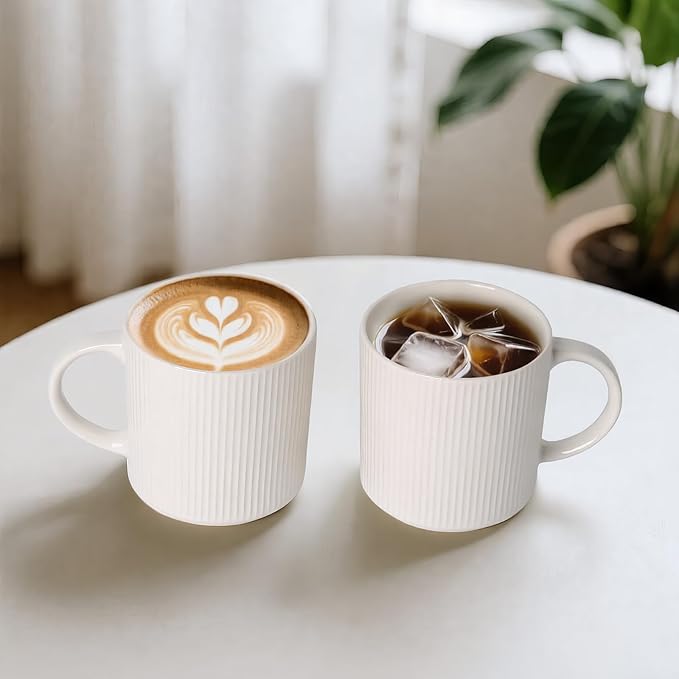 MONITO 16Oz Coffee Mugs Set of 4, Rustic Ceramic Coffee Cups Set with Large Handle, Vintage Striped Stoneware Coffee Mugs for Latte, Cocoa, Tea, Milk, Microwave & Dishwasher Safe, White