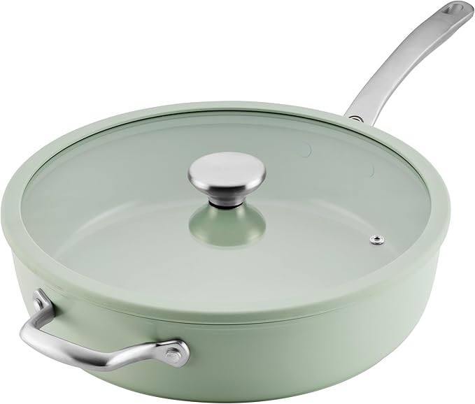 Circulon Halo with LaserDefense Ceramic Nonstick Saute Pan with Helper Handle and Lid, Made without PFAS, Compatible with All Stovetops, Dishwasher and Oven Safe, 5 Quart Multipurpose Pan - Sage