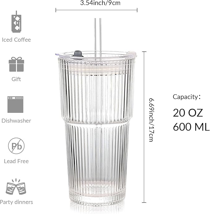 Ribbed Glass Tumbler with Lids and Straws, Vintage Clear Glass cups, Large capacity, Unbreakable, Fluted Design, Ideal for Travel, Iced Coffee,Smoothie, Tea, Latte, Gift (4pc 20oz)