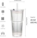 Ribbed Glass Tumbler with Lids and Straws, Vintage Clear Glass cups, Large capacity, Unbreakable, Fluted Design, Ideal for Travel, Iced Coffee,Smoothie, Tea, Latte, Gift (4pc 20oz)
