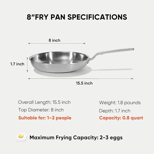 8 Inch Mini Stainless Steel Frying Pan - 5 Ply Stainless Clad Skillet with Aluminum Core, Durable and Even Heating, Professional Cookware for Induction, All Stoves, Oven and Dishwasher Safe