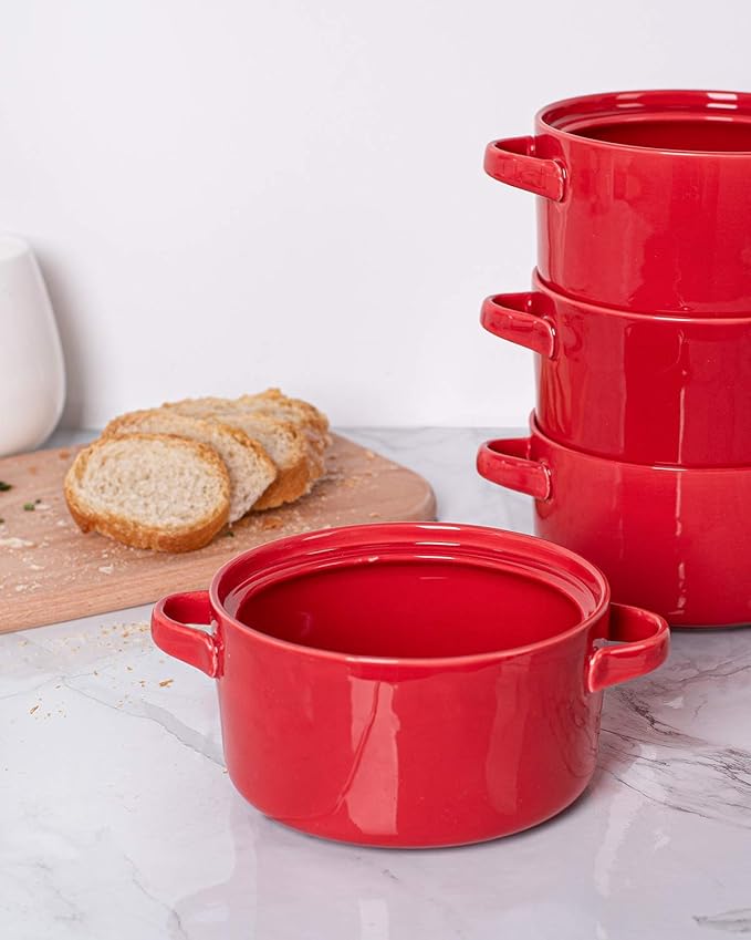 DELLING French Onion Soup Bowls with Handles Set of 6-24 oz Ceramic Soup Crocks Oven Safe, Porcelain Soup Bowl for Chili, Stew, Cereal - Red Stackable Microwave Dishwasher Safe