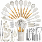 Kaluns 50 PCS Silicone Kitchen Utensils Set Complete Kitchen Set - 800°F Heat Resistant Non-Stick Premium Cooking Utensils W Wooden Handles - Can Opener, Masher, Turner, Silicone Spatula Set