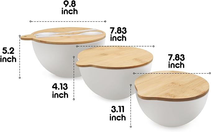 ECOWAY Salad Bowls Set of 3 with Seal Lid & Serving Utensils, Bamboo Fiber Mixing Bowls Set Large Serving Bowls & Storage Set with Bamboo Lid for Salad, Kitchen Eating, Pasta, Popcorn, Fruit, White