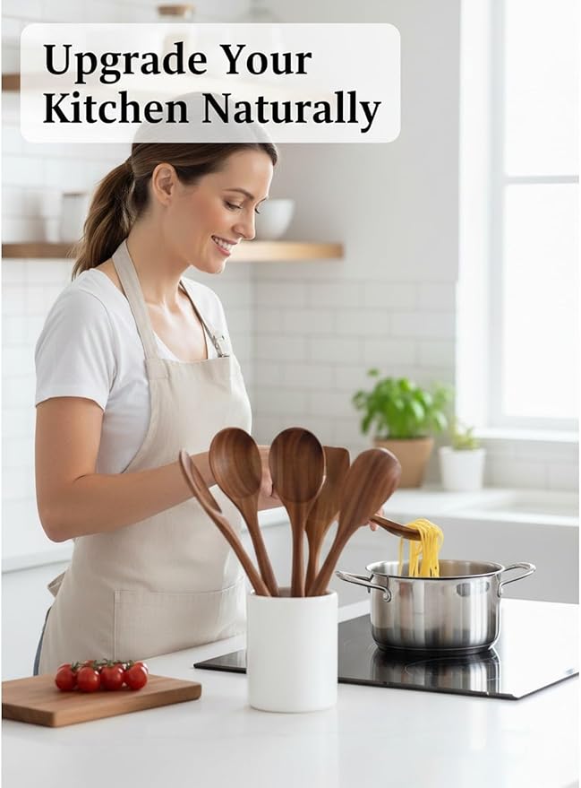 6-Piece Natural Teak Wood Utensil Set - Compact Nonstick Cooking Spoons & Spatulas, Durable Wooden Tools