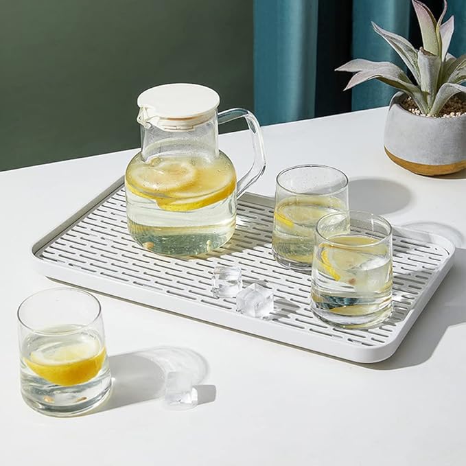 2 Pack Serving Tray & Dish Rack & Flat Drain Board, Multi-Use Tray for Serving, Fruit Drain, Cup Drain, White & Grey, Perfect for Coffee Table, Kitchen, Outdoors (8.85W x 15.35L)