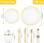 DaYammi 350PCS Clear Gold Plastic Dinnerware Set for 50 Guests Gold Plates Disposable Include: 50 Dinner Plates, 50 Dessert Plates,50 Pre Rolled Napkins with Gold Silverware,50 Cups for Party Wedding