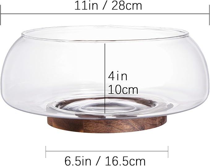 LiTY Large Glass Salad Bowl Set with Acacia Wood Base and Salad Serving Utensils, Salad Servers for Party, Fruits, Popcorn, Chips, Pasta, Kitchen Must-Have