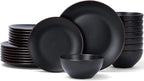 Famiware Venus Plates and Bowls Sets with Trim, 24 Pieces Stoneware Chip Resistant Dinnerware Dishes for 8, Matte Black - Microwave/Dishwasher Safe, Modern Minimalist, for Everyday Meals/Formal Dining