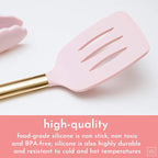 Gold and Pink Kitchen Utensil Set with Holder - 7-Piece Cooking Tools with Gold Whisk, Ladle, Tongs, Turner, Spatula, and Spoon - Stylish Pink Kitchen Accessories for Modern Cooking & Serving