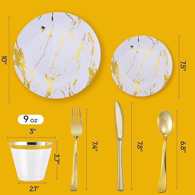 JOLLY PARTY 180PCS Disposable Dinnerware Set 30 Guest, 60 White and Gold Plastic Plates, 30 Plastic Silverware, 30 Cups, Marble Design Disposable Dinnerware for Wedding, Thanksgiving and Parties