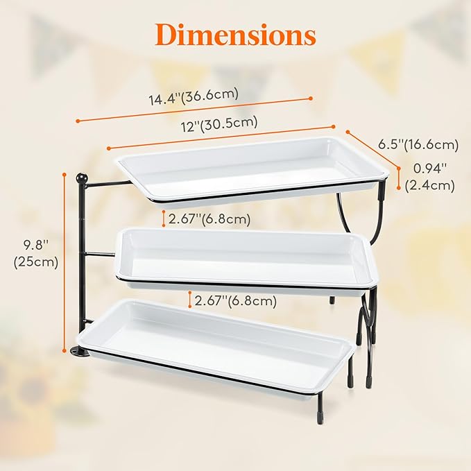 Lifewit 3 Tier Serving Tray, 30 x 17 cm/12 x 6.5 White Plastic Tiered Food Serving Platters, Rotating Tiered Tray Stand for Party with Black Collapsible Metal Stand, Dessert Table Stands for Cookies