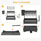 Large Dish Drying Rack 2 Tier for Kitchen Counter, Anti-Rust Metal Dish Rack with Lock & Lift System & Retractable Auto-Drain Spout, Escurridor de Platos with Cutting Board and Utensil Holder