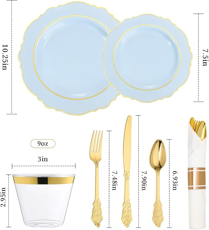 realluck 350 Piece Light Blue Plastic Dinnerware Set for 50 Guests Elegant Baroque Disposable Dinnerware for Weddings, Parties, 100 Plastic Plates, 50 Pre Rolled Napkins with Silverware, 50 Cups