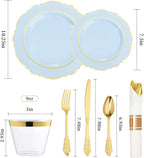 realluck 350 Piece Light Blue Plastic Dinnerware Set for 50 Guests Elegant Baroque Disposable Dinnerware for Weddings, Parties, 100 Plastic Plates, 50 Pre Rolled Napkins with Silverware, 50 Cups