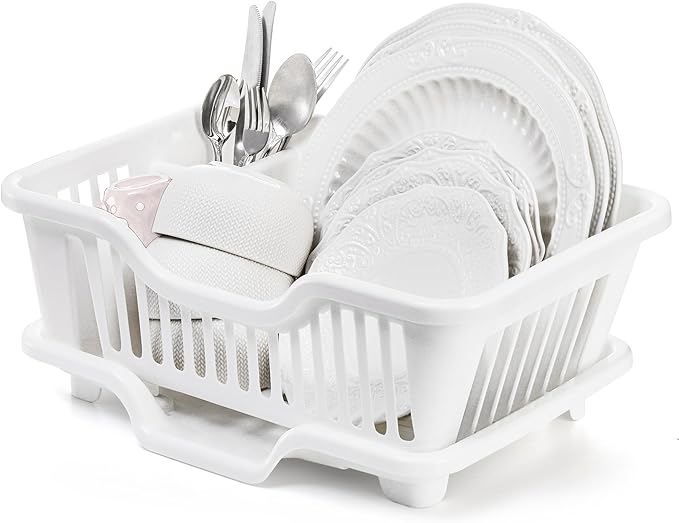 Noamus 2-Piece Plastic Dish Drying Rack, Heavy Duty Sink Set Dish Rack, White Large Drainer with Attached Drainboard Utensil Cup Holders for Home Kitchen Counter Top Organizers