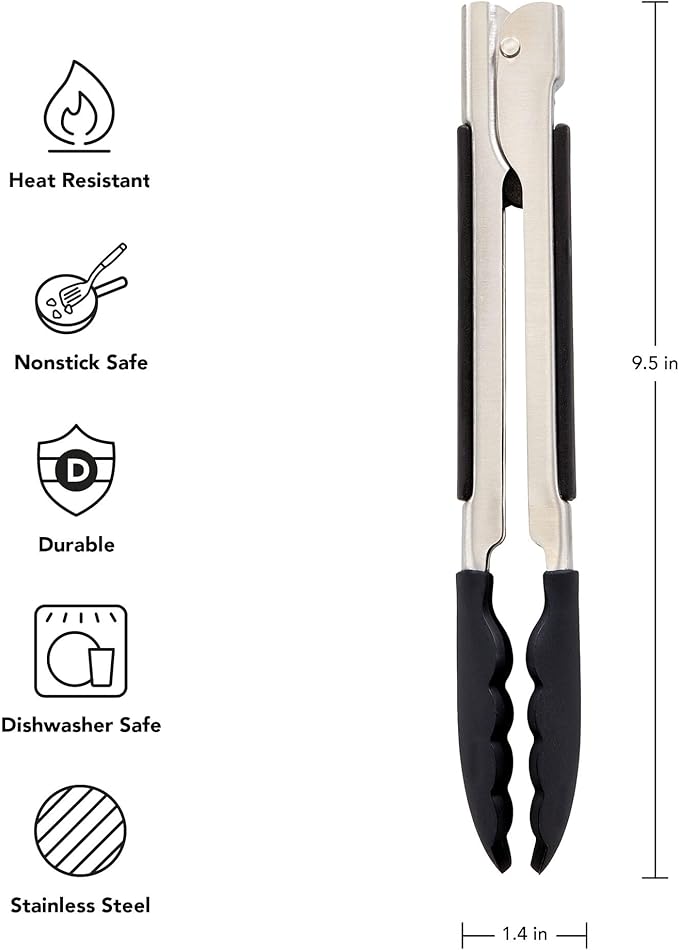 KitchenAid Silicone Tipped Side Locking Tongs, Black, 9 Inch