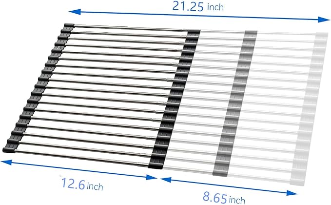 CHIRISEN Expandable Large Roll Up Dish Drying Rack, Foldable Over The Sink Dish Drying Rack, Rolling Dish Drainer Stainless Steel Roll Rack for Kitchen Sink Counter (Black, 21.25x12.79)