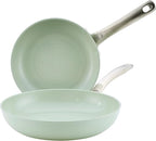 Circulon Halo with LaserDefense Ceramic Nonstick 2-Piece Skillet Set/Frying Pans, Made without PFAS, Compatible with All Stovetops, Dishwasher and Oven Safe, 8 Inch and 10 Inch Open Fry Pans - Sage