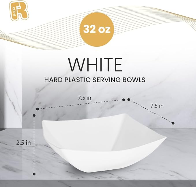 R-kay 6 Pack Square Plastic Serving Bowls - White Plastic bowls 32 Oz - White Salad Bowls Large Serving, Premium Heavy Duty For Weddings Catering And Birthday parties