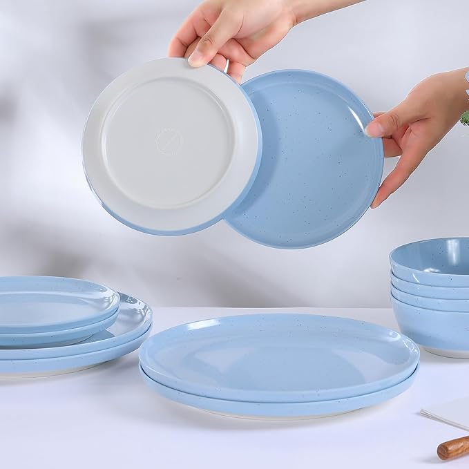 Webbylee 12-Piece Melamine Dinnerware Set for 4 – Unbreakable Plates & Bowls, Lightweight, Two-Tone Blue & Beige, Ideal for Family Meals, Camping, Picnic, Parties