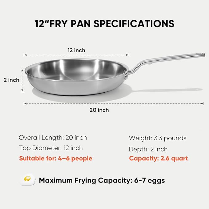 12 Inch Stainless Steel Frying Pan - 5 Ply Stainless Clad Skillet with Aluminum Core, Durable and Even Heating, Professional Cookware for Induction, All Stoves, Oven and Dishwasher Safe