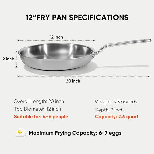 12 Inch Stainless Steel Frying Pan - 5 Ply Stainless Clad Skillet with Aluminum Core, Durable and Even Heating, Professional Cookware for Induction, All Stoves, Oven and Dishwasher Safe