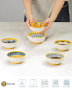 Yeacccng Bohemian Small Bowls Set of 6, 4 Inch Indented Grooved Ceramic Sauce Dishes, 7.5 Oz, Lead-Free, Scratch-Resistant, Oven/Microwave Safe, Ideal for Serving Sushi, Appetisers, Desserts, Ketchup