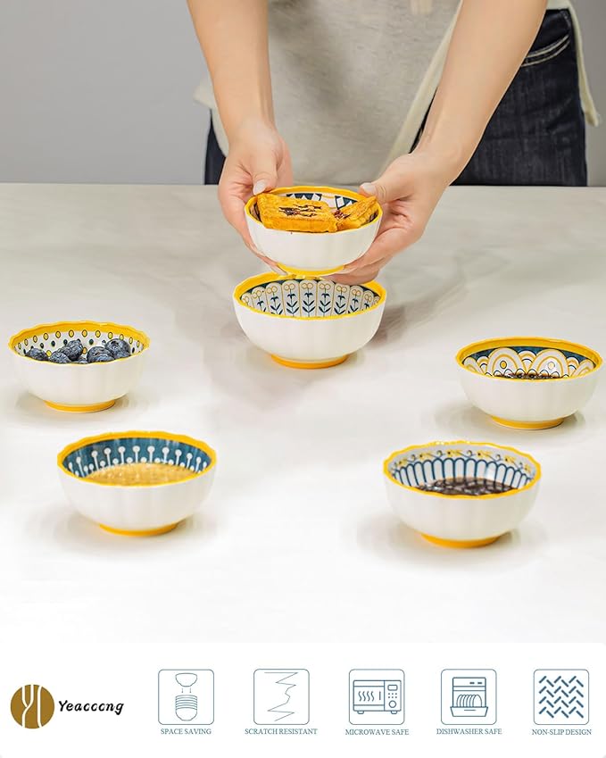 Yeacccng Bohemian Small Bowls Set of 6, 4 Inch Indented Grooved Ceramic Sauce Dishes, 7.5 Oz, Lead-Free, Scratch-Resistant, Oven/Microwave Safe, Ideal for Serving Sushi, Appetisers, Desserts, Ketchup