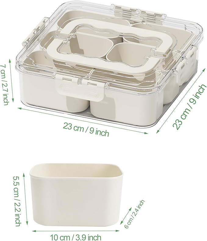 Divided Serving Tray with Lid and Handle, Portable Snack Box Container, 6 Compartments Veggie Fruit Snackle Tray, Charcuterie Platter Container for Party, Nuts, Snacks, Picnic,2 Pack, MEDIUM SIZE