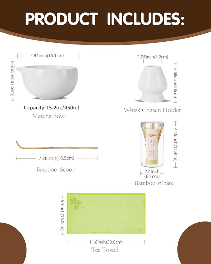 ZENS Matcha Whisk Set, 5pcs Matcha Kit Set Includes Ceramic Bowl, Bamboo Whisk and Chasen Holder, Scoop & Tea Mat，Matcha Tea ceremony Gift for Matcha Lovers, White