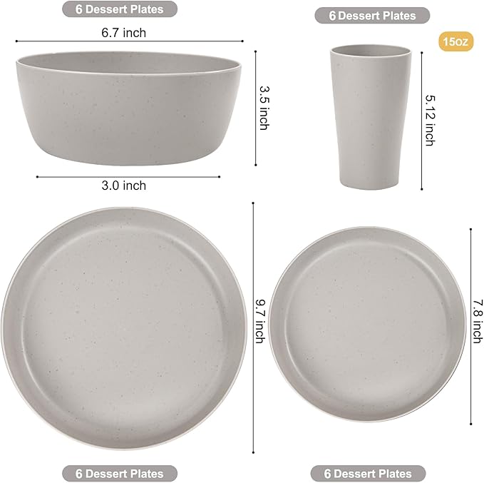 EI 24pcs Grey Wheat Straw Dinnerware Set of 6,Reuasble Unbreakable Dinner Plates,Wheat Plates and Bowls Sets for Camping,Picninc,Family Dinner