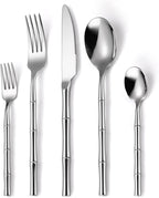 20 Pieces Bamboo Flatware Set Silverware Set Service for 4 Stainless Steel Fine Vintage Flatware Cutlery Set with Bamboo Design Handle Forged Restaurant Hotel Party Wedding Housewarming Gift Polished