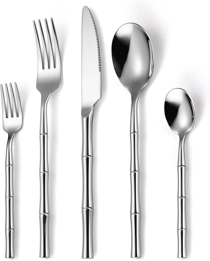 20 Pieces Bamboo Flatware Set Silverware Set Service for 4 Stainless Steel Fine Vintage Flatware Cutlery Set with Bamboo Design Handle Forged Restaurant Hotel Party Wedding Housewarming Gift Polished