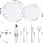 WELLIFE 210 Piece Silver Plastic Dinnerware Set for 30 Guests, Plastic Plates for Party, Include: 30 Dinner Plates, 30 Dessert Plates, 30 Pre Rolled Napkins with Silver Silverware and 30 Silver Cups
