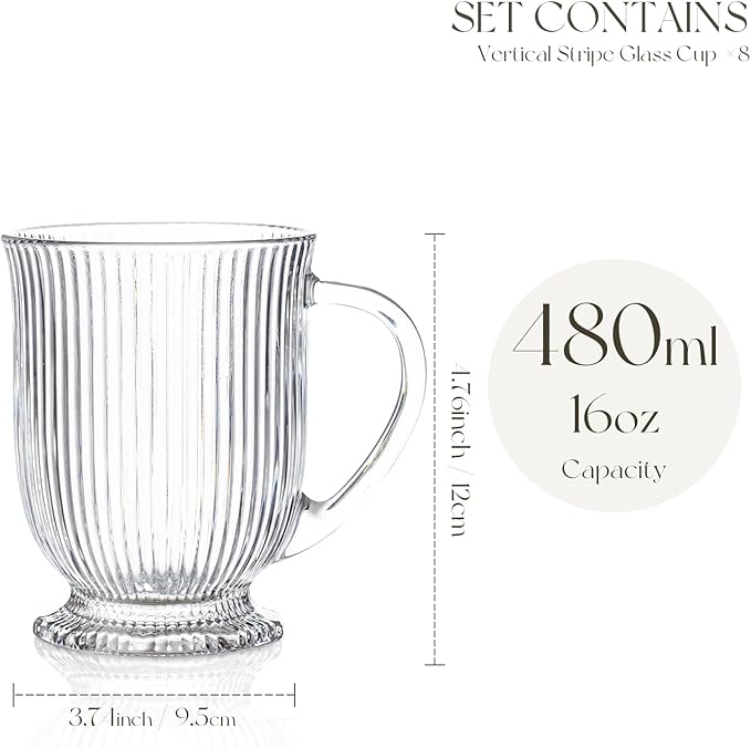 KEMORELA Glass Coffee Mugs Set of 8, Ribbed Large Coffee Mug 16 Oz With Handles for Hot Beverages, Clear Mugs for Tea, Cappuccino, Latte, Espresso Coffee, Glass Coffee Cups Large Coffee Mug