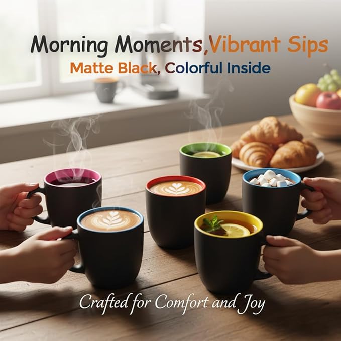 GBhome 12oz Coffee Mugs Set of 6,Ceramic Coffee Mugs for Man, Woman,Restaurant Modern Coffee Mugs Set with handle for Tea/Latte/Cappuccino/Milk/Cocoa. Dishwasher&Microwave Safe,Multi-Color,6 Pack