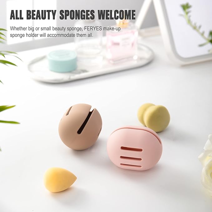 FERYES 2 PCS Makeup Sponge Holder – Shatterproof Eco-Friendly Silicone Beauty Make Up Blender Case for Travel - Pink