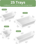 25 PCS Plastic Drawer Organizers Set, 4-Sizes Vanity and Makeup Organizer, Desk and bathroom Drawer Organizer Trays, Organizers and Storage for Makeup, Jewelry, Gadgets, Utensils (White)