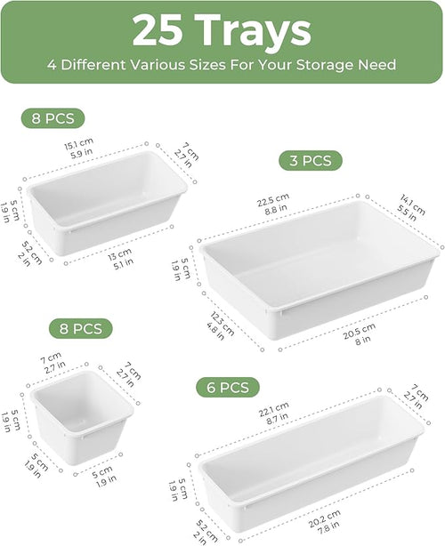 25 PCS Plastic Drawer Organizers Set, 4-Sizes Vanity and Makeup Organizer, Desk and bathroom Drawer Organizer Trays, Organizers and Storage for Makeup, Jewelry, Gadgets, Utensils (White)