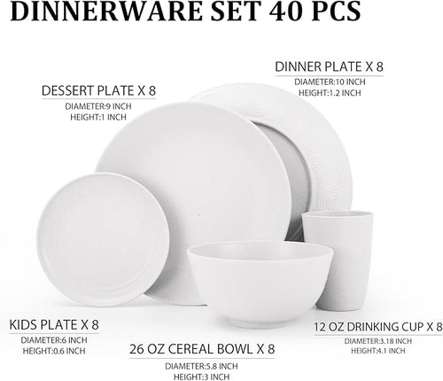 40 PCS Wheat Straw Dinnerware Sets, Service for 8 - Dinner Plates, Cereal Bowls, Drinking Glasses, Unbreakable Plastic Plates and Bowls Sets, Dishwasher and Microwave Safe for Kitchen - White