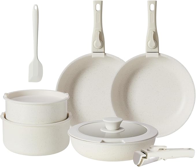 NEWBULIG 12-Piece Pots and Pans Set, Nonstick Cookware Set with Detachable Handle, Non toxic Induction Kitchen Cooking Set with Frying Pans Set, Dishwasher ＆ Oven Safe, RV Friendly, Beige