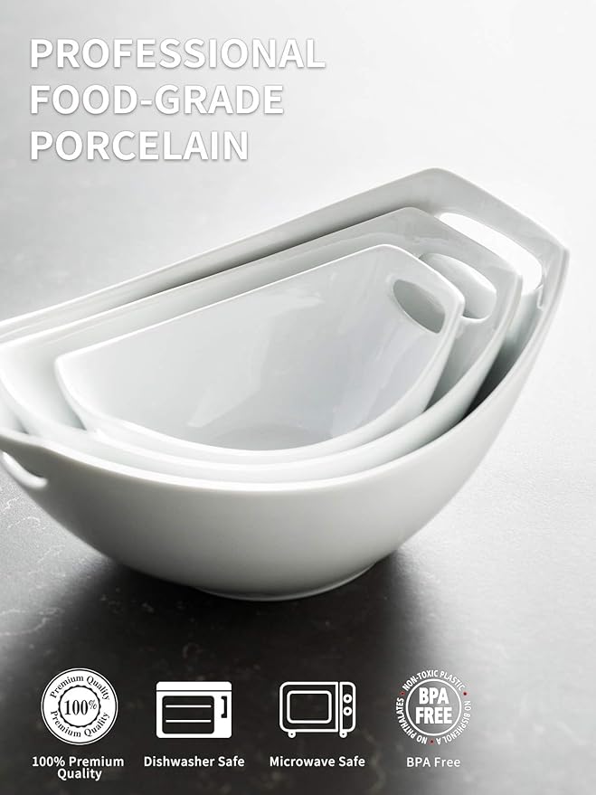 LAUCHUH Serving Bowls with Handles, Porcelain Serving Dishes White Nesting Bowls Mixing Bowl Set Salad Bowls for Easter, Entertaining, Party, Mother's Day, Baby Shower, Set of 3, 15/28/49 oz
