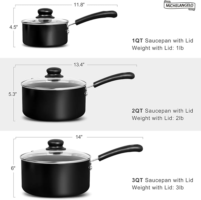 MICHELANGELO Nonstick Saucepan with Lid, Ceramic Sauce Pan Sets, Easy to Clean Sauce Pans, Multi-Purpose Cooking Pots, 3QT, Black