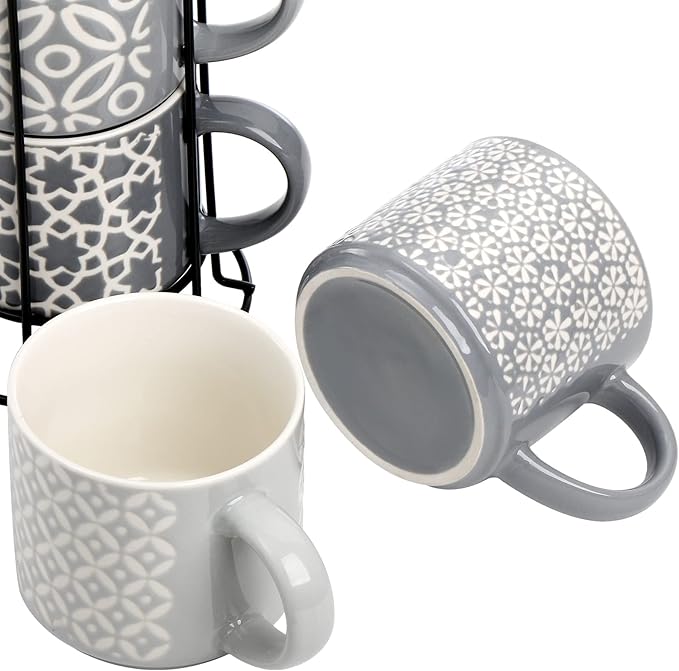 Hiceeden Set of 4 Coffee Mugs with Metal Stand, 15 oz Stackable Espresso Cups Ceramic Coffee Mugs for Cocoa, Latte, Americano, Cappuccinos or Beverages