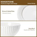 KINGSTONE Bone China Dinnerware Set, 24-Piece White Lightweight Porcelain for 8, Plates and Bowls with Rhombus patterned edge design, Microwave and Dishwasher Safe, for Family, Restaurant, Gifting