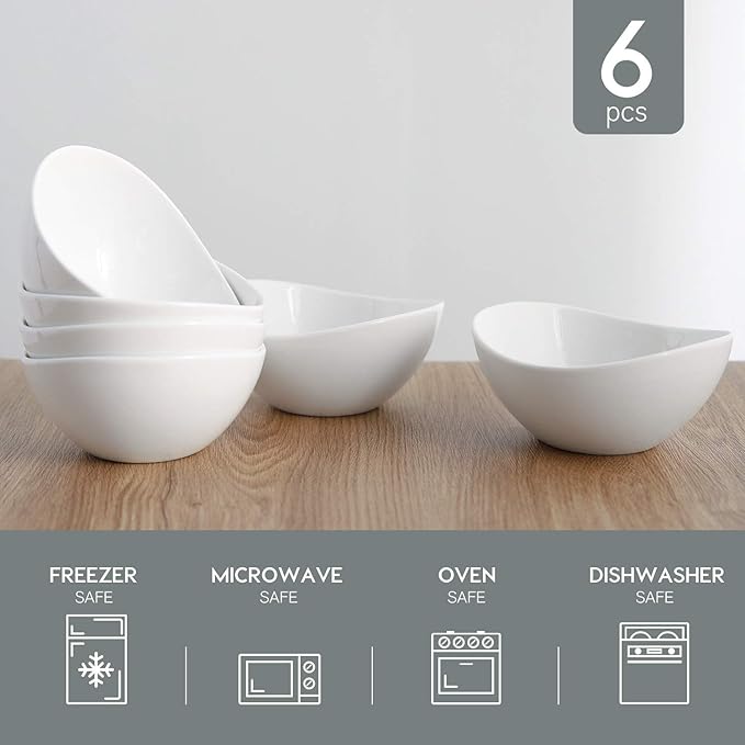Samsle Porcelain Small Serving Bowls, 10 Ounce Dessert Bowls for Ice Cream Snacks Appetizer Candy Dishes, Dishwasher Safe Durable Ceramic White Bowl for Party, Set of 6