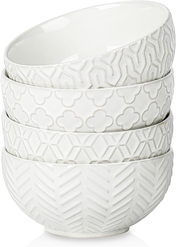 Sureasy Ceramic Cereal Bowls Set of 4-25 oz White Soup Bowls for Kitchen, Perfect for Soup, Pasta and Salad, Microwave & Dishwasher Safe