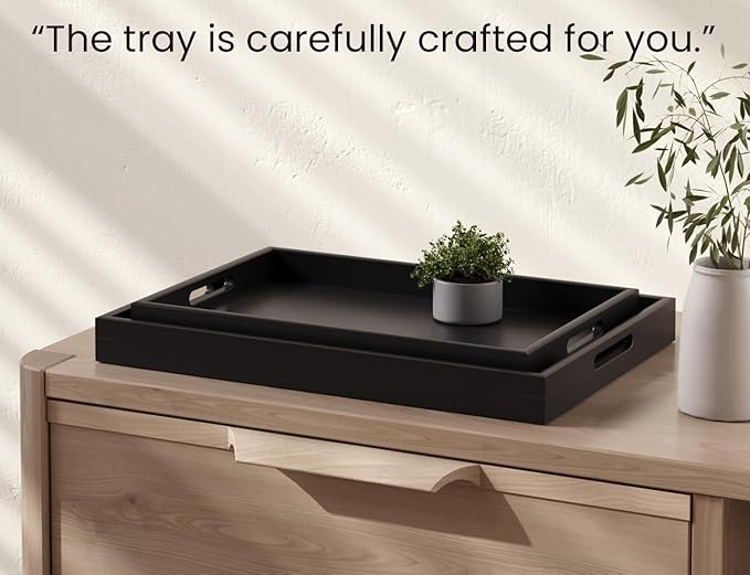 Fibogollo Bamboo Set of 2 Serving Tray with Handles,Decorative Trays Platter,Breakfast Tray in Bed,Food Drinks Tray for Eating,Working,Storing(Black)